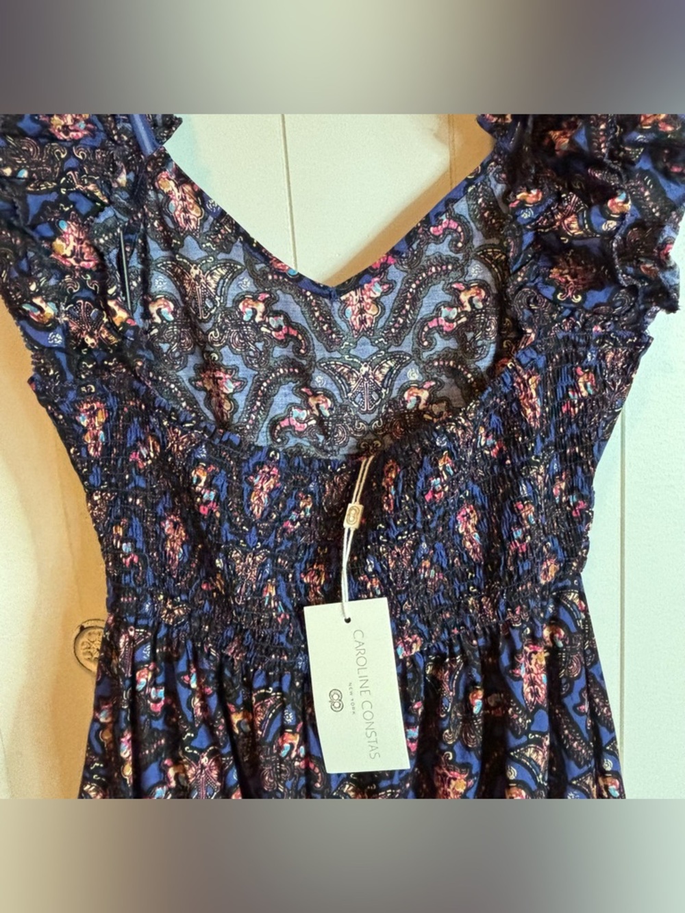 Caroline Constas Navy Pansy Print Maxi Dress Ruffle Strap Cotton S NWT - Picture 10 of 16